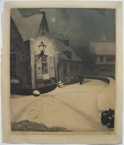 Hendrik Henrichs (1882-1950) Verschneites Dorf bei Nacht Orig Radierung signiert
