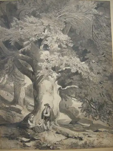 Mächtige Eiche mit Familie nach Alexandre Calame (1810-1864) Tuschzeichng 1851