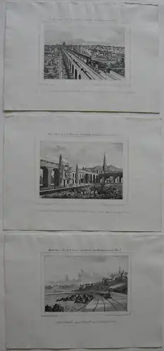 Eisenbahn Züge in Stadtlandschaft 3 Orig. Lithografien 1850 London Dublin