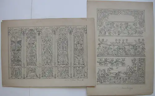 Florale Wanddekorationen 2 Org Tuschzeichnungen sign M Schitthof 1904 Jugendstil
