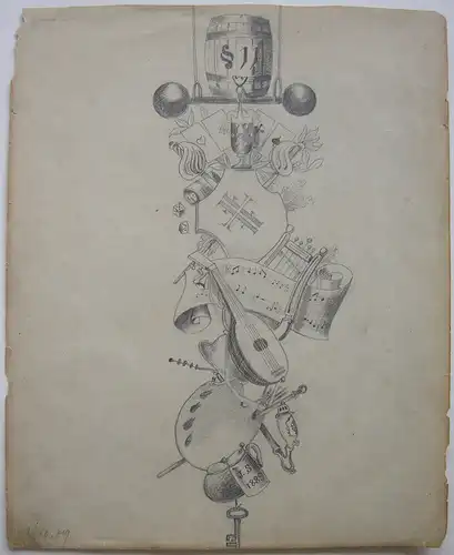 Festsymbolik Sport Spiel Musik Genuß Orig Bleistiftzeichnung sign Schmitt 1889