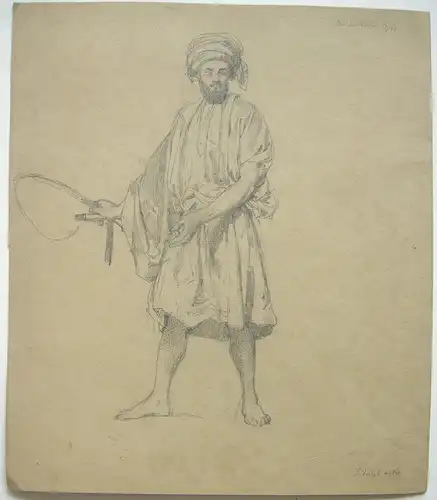 Beduine mit Peitsche Orig Bleistiftzeichnung 1860 Signiert (?) Ritschel