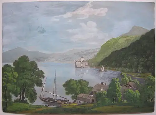Genf Lac de Geneve Chateau de Chillon Orig Lithografie 1850 Suisse Schweiz