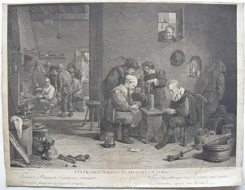 Flämische Freimaurer in Loge Orig Radierung Fr B Lepicié nach David Teniers 1747