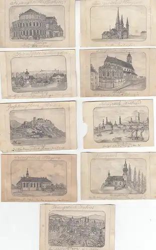 9 Miniatur Bleistiftzeichnungen 4 x 5,5 cm Deutschland Italien Holland um 1860