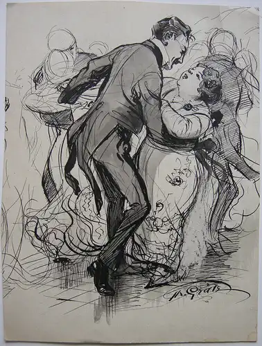 Theodor Grätz (1859-1947) Ungleiches TanzpaarU Orig Tuschzeichnung 1900 signiert