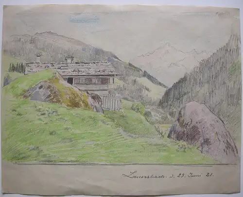 Bergbauerngehöft Lanersbach Tuxer Tal Schwaz Tirol Orig Farbkreidezeichnung 1921
