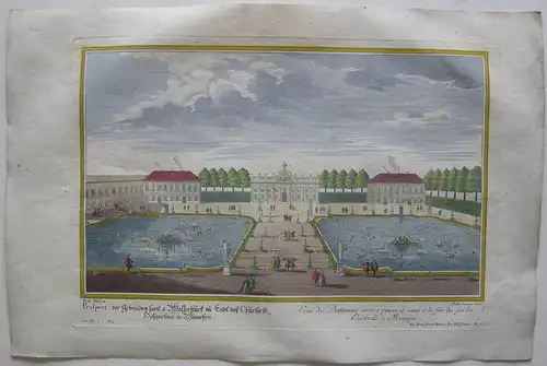 Schloss Nymphenburg Garten kolor Orig. Kupferstich Corvinus nach Diesel 1720