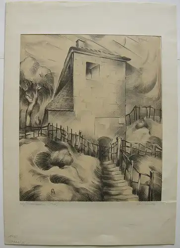Christian Arnold (1889-1960) Haus am Berg Lithografie 1926 Neue Sachlichkeit