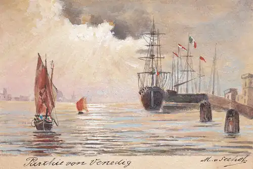 Ak Schiffe vor Venedig Orig Aquarell Max von Seehof 1899 Italien Venezia