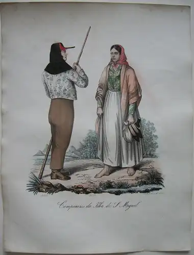 João Palhares  (1810-1890)  Camponezes da Ilha de S Miguel Orig Lithografie 1850