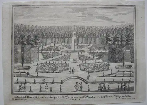Lustgarten Harlaching München Orig. Kupferstich Remshart 1720 Gartenarchitektur
