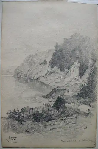 F. Waibel Partie Donau bei Katzenberg Österreich Orig Bleistiftzeichnung um 1880