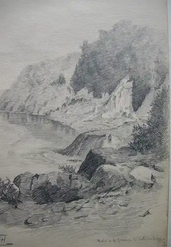 F. Waibel Partie Donau bei Katzenberg Österreich Orig Bleistiftzeichnung um 1880