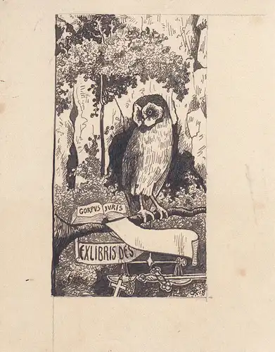 Ex Libris Vorzeichnung Corpus Juris Eule Waage Schwert Orig Tuschzeichnung