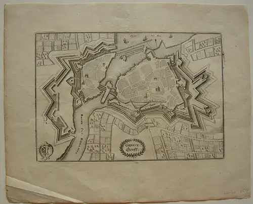 Genf Geneve Vogelschau-Plan Befestigung Orig Kupferstich Merian 1654 Suisse