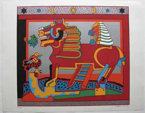 Simon Dittrich (1940) Trojanisches Pferd Orig Serigrafie signiert Probedr 1972