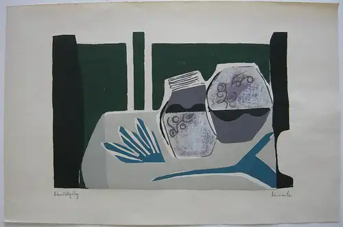 Stilleben mit Vasen Orig Farbholzschnitt signiert Moock um 1965