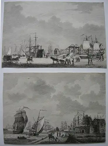 2 winterliche Hafenlandschaften Niederlande (?) Orig Kupferstiche um 1750