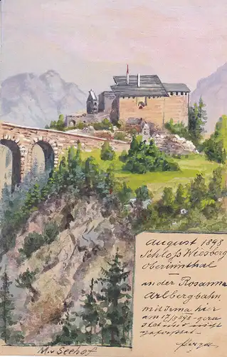 Ak Schloss Wiesberg Tobadill Tirol Orig Aquarell Max von Seehof 1898 Österreich