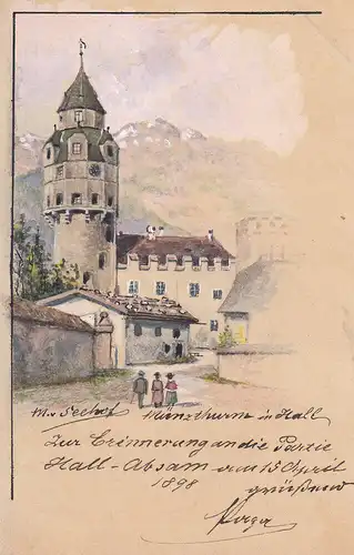 Ak Hall Münzturm Tirol Orig Aquarell Max von Seehof 1898 Österreich signiert