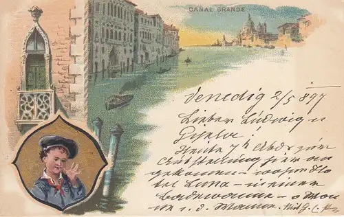 Ak Venezia Canale Grande Italia mit aquarellierter Vignette gel 1897 Litho