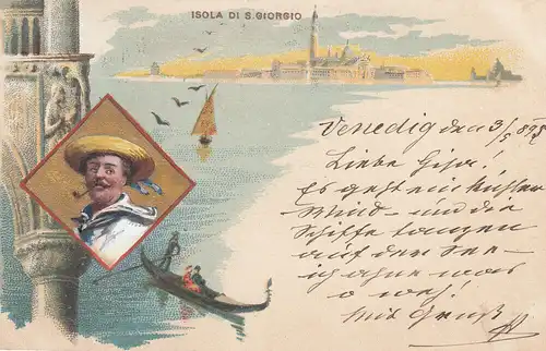 Ak Venezia Isola di S. Giorgia Italia mit aquarellierter Vignette gel 1895 Litho