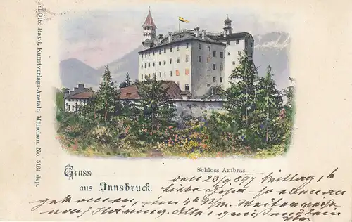 AK Schloss Ambras Innsbruck Tirol Österreich gelaufen 1897 Litho