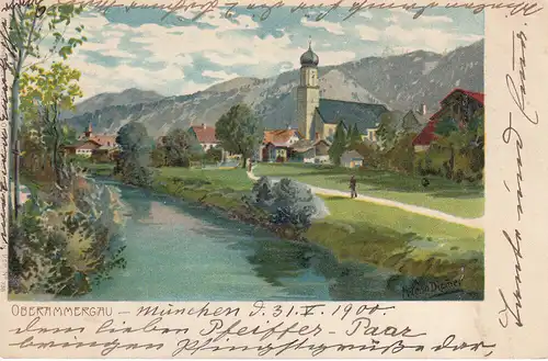 AK Oberammergau Künstler-Karte Zeno Diemer Litho gel 1900 Oberbayern