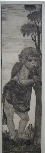 Flötenspielendes Kind Orig Radierung um 1910 anonymer Stecher Jugendstil