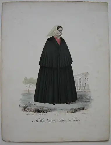 João Palhares  (1810-1890)  Mulher de capote lenco Lisboa Orig Lithografie 1850