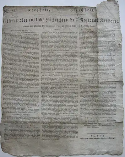 Bulletin National-Konvent Revolutionszeitung Elsass Januar 1793 Straßburg France