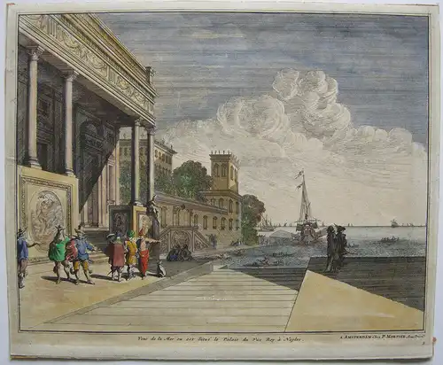 Neapel Napoli Königspalast vom Meer aus kolor Orig Kupferstich 1720 Mortier