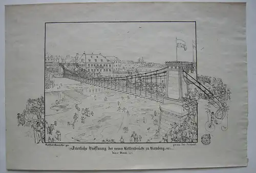 Gottfr. von Neureuther (1811-1887) Einweihung Kettenbrücke Bamberg Kupfer 1829