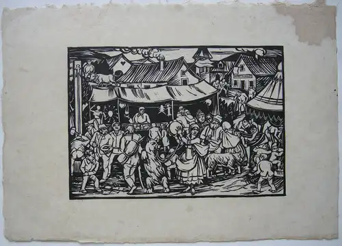 Kirmes Jahrmarkt detailfreudiger Holzschnitt anonym um 1960