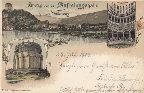 AK Kelheim Befreiungshalle Weltenburg Litho gel 1902 Niederbayern