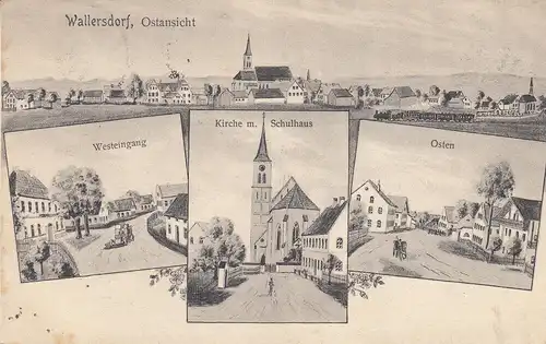 AK Wallersdorf Ansicht Schule Kirche Westen Osten Plattling gel 1910 Niederb