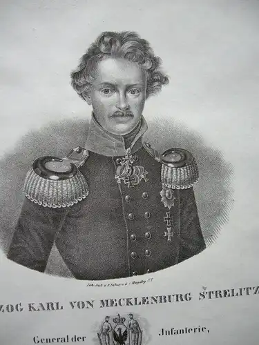 Herzog Karl Mecklenburg (1777-1843)  preuß Politiker Orig Lithografie um 1825