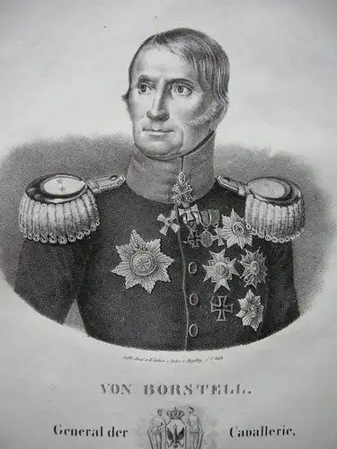 von Borstell (1773-1844) Kavallerie General Orig Lithografie um 1825