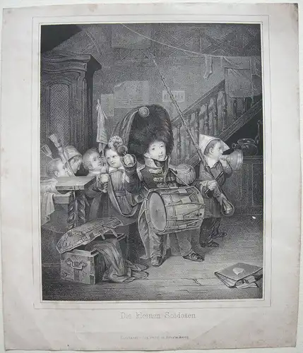Kinderszene Die kleinen Soldaten Orig Lithografie 1850