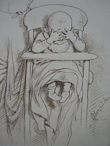 Adolf Oberländer (1845-1923) Quengelndes Kind Orig Tuschzeichnung 1895 signiert
