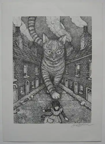 Susi Bohdal  Giant Cat Große Katze Flüchtendes Mädchen Serigrafie signiert