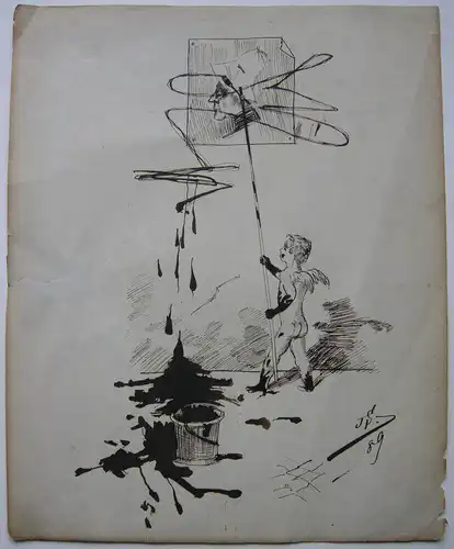 Malender Putto Orig Tuschzeichnung Monogrammist JS. 1889