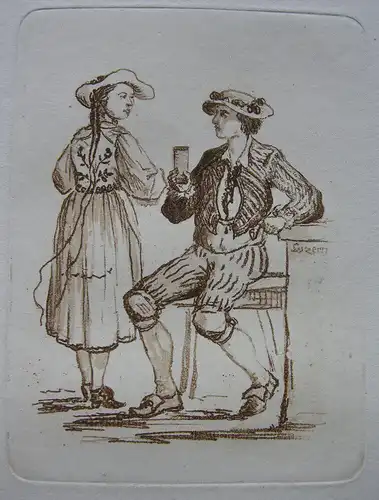 Ludwig Heß (1760-1800) Paar in Tracht Orig Radierung in Sepia 1797