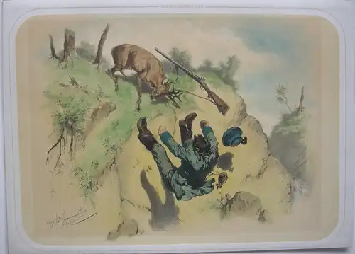 Jagd-Abenteuer kolor Orig Lithografie Tony Strassgschwandtner 1860