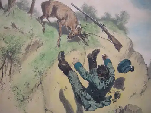 Jagd-Abenteuer kolor Orig Lithografie Tony Strassgschwandtner 1860