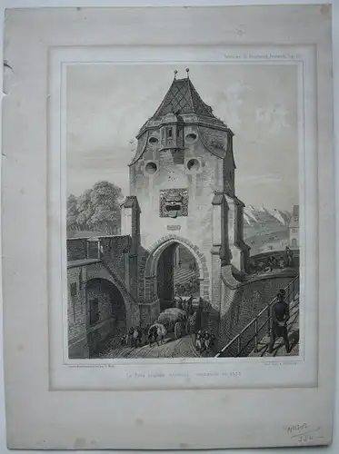 Strasbourg Porte blanche interieure Orig Lithografie Müller 1840 Elsass Alsace