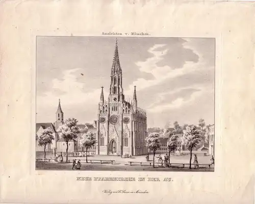 München Neue Pfarrkirche in der Au Lithographie 1845 J. Werner Mariahilf Kraus