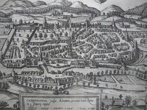 Kempten Allgäu Gesamtansicht altkolorierter Kupferstich Braun Hogenberg 1575