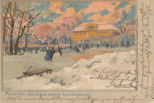 AK München Englischer Garten Kleinhesselloher See Eisläufer Farblitho 1898